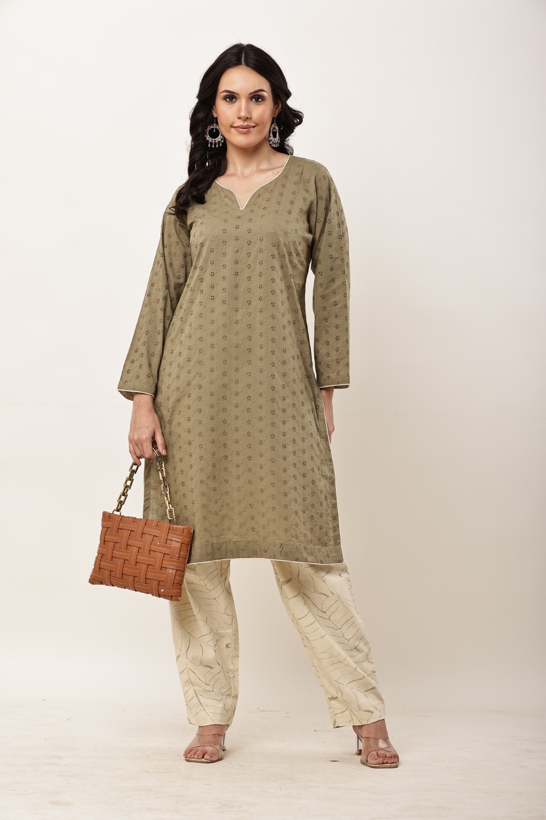 Olive Chikan Kurta Set